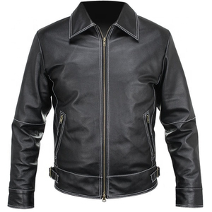 Blouson aviateur en cuir d'agneau véritable noir pour homme, imperméable, avec col montant et logo sur le devant - Product Image 6