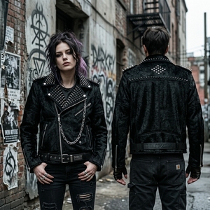 Custom Wholesale Mens Heavy Studded Calf Hair On Hide Genuine Leather <b>Jacket</b> Manufacturing <b>Biker</b> Punk Spikes Outerwear Supplier - Product Image 5