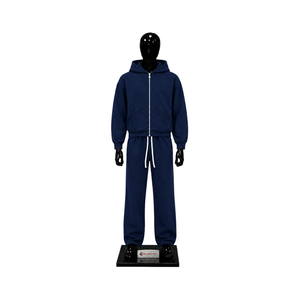 Ensemble de survêtement pour homme bleu marine, sweat à capuche zippé et pantalon de jogging en molleton uni, style streetwear décontracté, tenue de sport deux pièces avec cordon de serrage - Product Image 1