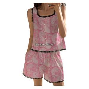 Ensemble de pyjama indien 100 % coton imprimé au bloc, avec short et bordure en dentelle, pour demoiselle d'honneur, printemps/été, sans manches, imprimé au bloc - Product Image 1