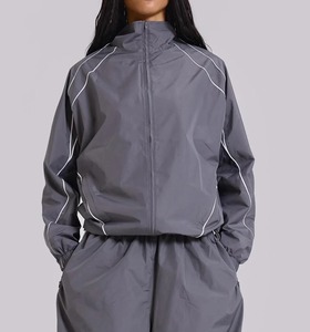 Women's Gray <b>Racer</b> <b>Jacket</b> Full Sleeve Zipper Closure Stand Collar Woven Polyester Autumn Wear - Product Image 4