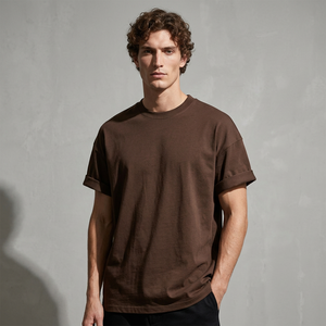 Brown Solid Jersey Oversized Acid Wash T-Shirt Loose Fit Crewneck Short Sleeve Cotton Custom Print Streetwear 320g Front <b>Logo</b> - Product Image 4