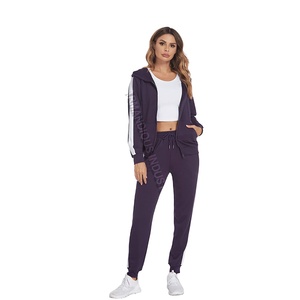 Haute qualité femmes décontracté fermeture éclair sport costume couleur unie couture lettres imprimer à manches longues survêtement actif bas - Product Image 1