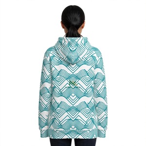NEXTEX Sweat à capuche unisexe imprimé lignes ondulées blanc et vert sarcelle, motif géométrique intégral, avec poche kangourou et cordon de serrage - Product Image 3