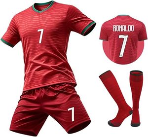 Ensemble de maillots de football du Portugal pour hommes, rouge, col en V, manches courtes, évacuation de l'humidité, impression sublimée, taille adulte 7 Ronaldo - Product Image 1