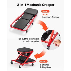 Chaise roulante pliante 2-en-1 pour mécanicien avec siège, capacité de 450 lb, 6 roulettes pivotantes - Product Image 2