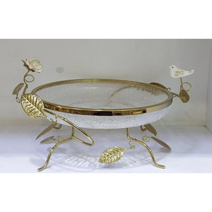 Broken Glass Texture Round Shape Food Serving Luxury Bowl With Gold Plated Metal Made Leaves And <b>Birds</b> Designer Frame <b>Stand</b> - Product Image 1