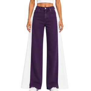 Vaqueros anchos morados y blancos personalizados para mujer, pantalones de mezclilla de cintura alta con paneles en contraste, pantalones casuales de moda urbana de corte holgado - Product Image 1