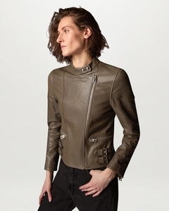 Veste Moto en Cuir Véritable pour Femme, Col Montant, Manches Longues, Fermeture Éclair, Couleur Unie, Mode Automne, Broderie - Product Image 2