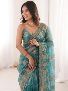Designer Fandy <b>Satin</b> <b>Saree</b> With C Pallu Beads Embroidery Work With Sequence And Cut Work Border Paired With Fandy <b>Satin</b> Blouse - Product Image 3