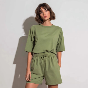 Nueva llegada, conjunto de camiseta y pantalones cortos deportivos para mujer de alta calidad, talla grande, transpirable, de algodón/fibra de bambú, conjunto de verano para mujer - Product Image 3