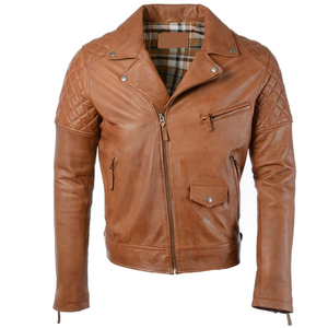 Men's Brown Genuine Leather Moto Biker Jacket Slim Fit Zipper Closure Turn-down Collar Autumn Wear - Product Image 6