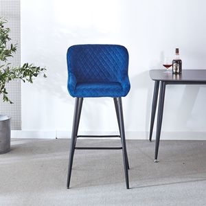 SET of 2 Counter Height <b>Bar</b> <b>Stools</b> Black Metal Legs with Velvet Upholstery for Pub Restaurant Kitchen Island-Available in <b>Blue</b> - Product Image 1