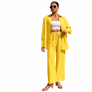 Ensemble 2 pièces en satin pour femme : chemise à manches longues et pantalon large, bleu uni, décontracté, printemps-été, coupe régulière, respirant, longueur complète - Product Image 3