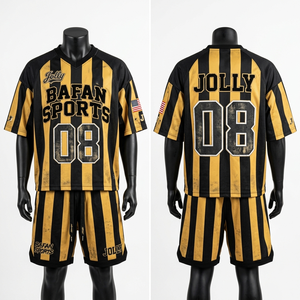 Premium 180 GSM polyester mesh football jersey and short black gold striped sublimation print custom logo for men's <b>set</b> - Product Image 1