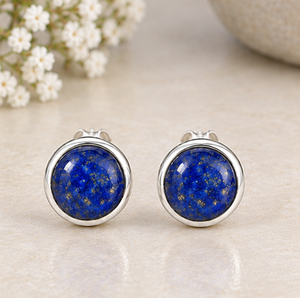 Lapis Lazuli <b>Silver</b> <b>Stud</b> <b>Earrings</b>, Natural Lapis Lazuli Gemstone <b>Earrings</b>, 925 <b>Sterling</b> <b>Silver</b> Round <b>Studs</b>, Blue Stone <b>Earrings</b>, - Product Image 3