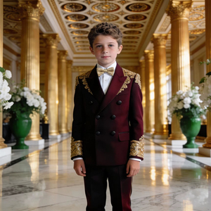 Traje de esmoquin bordado en doble botonadura color borgoña y dorado para niños |   Ropa Formal para Niños para Bodas y Fiestas - Product Image 1