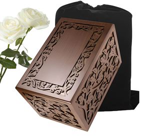 Hand Carved Wooden Ashes Urn <b>Box</b> Brown Square Memorial Cremation Keepsake Case Engraved <b>Floral</b> Funeral Decoration - Product Image 3