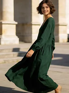 Robe longue décontractée pour femme en coton et lin, couleur rouille, coupe ample, manches longues, style bohème à volants - Product Image 2