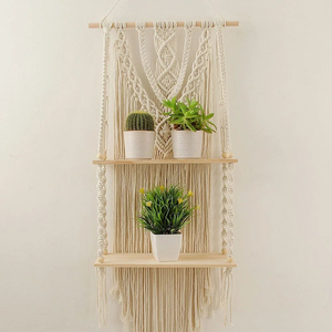 Handmade White Cotton Rope Macramé Wall Hanging 2-Tier <b>Shelf</b> Planter with <b>Pine</b> Wood Decorative Hanging <b>Shelf</b> for Home Décor - Product Image 1