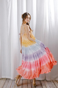 Vestido Maxi de Fiesta Formal Elegante para Otoño, Vestido de Mujer de Poliéster/Algodón con Estampado Tie-Dye Arcoíris, Corte A, Transpirable, Escote Redondo - Product Image 4