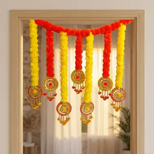 Modern Red Yellow Marigold Toran Door Hanging Eco-Friendly Plastic Flower Multi-Functional Golden <b>Floral</b> Medallions Bells Decor - Product Image 1