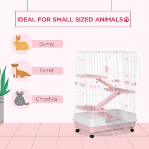 Gabbia per conigli rosa a 4 livelli da 32 litri con ruote, vassoio estraibile per allevamento di conigli di taglia media, cincillà e furetti - Product Image 6