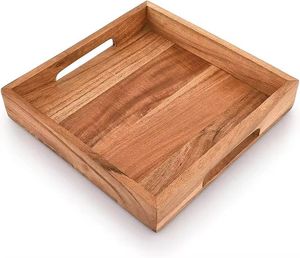 Bandeja de Madera de Acacia Hecha a Mano con Asas, Acabado Lacado Ecológico, para Cocina y Escritorio, Vajilla de Grado Alimenticio - Product Image 2