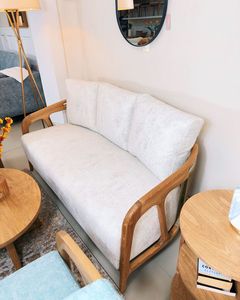 Luxury Teak Wood Living Room <b>Sofa</b> Set with Upholstered Lounge Chairs and Round Coffee <b>Table</b> for Hotel Villa - Product Image 3