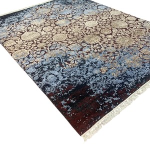 Tapis en laine noué à la main à motifs floraux, bordeaux, bleu marine, ivoire, bleu clair, design vieilli, grande taille pour la décoration du salon et de la chambre - Product Image 3