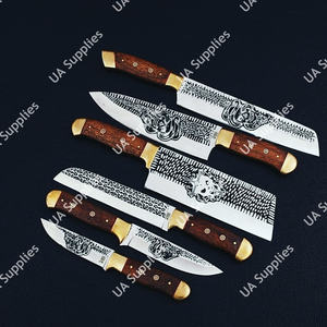 Ensemble de 6 couteaux de chef de cuisine en acier inoxydable gravé à la main avec manche en bois et laiton, personnalisable OEM, cadeau idéal - Product Image 6