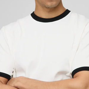 T-shirt blanc à manches courtes pour homme, col rond, bordure noire - Coupe décontractée confortable, 100% coton, séchage rapide, respirant, pour tous les jours - Product Image 2