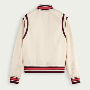 Blouson universitaire pour femme en gros, crème et bordeaux, avec bordure contrastante, manches longues, col rabattu, simple boutonnage, pour l'automne - Product Image 2