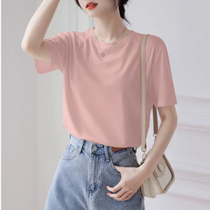 T-shirt décontracté pour femme à col rond, coupe ample, manches courtes, couleur unie, en coton, respirant, en jersey tricoté, idéal pour l'été - Product Image 4