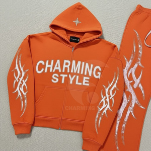 French Terry Zipper Hoodie and <b>Sweatpants</b> <b>Set</b> 100%cotton flare track suits custom puff printing acid wash track suits - Product Image 3