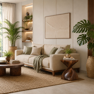 Taburete Trenzado de Madera Suar Adara, Diseño Escultural Moderno, Acabado Premium en Nogal, Asiento Decorativo Hecho a Mano, Otomana de Lujo para Sala de Estar - Product Image 5