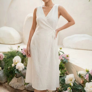 เดรสผ้าลินินแท้ 100% เป็นมิตรกับสิ่งแวดล้อม ซักได้ ทรงมินิ ผ้าไม่ทอ มีรอยผ่า สไตล์หวาน - Product Image 1