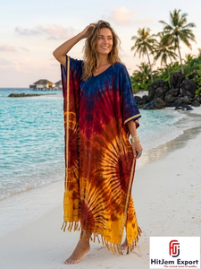 Robe Kaftan Bohème Tie-Dye Personnalisée pour Femme, Longueur Cheville, Cache-Maillot de Plage, Tenue de Vacances d'Été, Fabricant et Fournisseur OEM ODM - Product Image 4