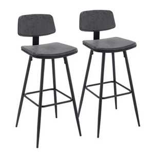 Pair of Dark Grey Leather Metal Bar <b>Stools</b> Industrial Upholstered Counter High Chair Set for Restaurant Cafe - Product Image 1