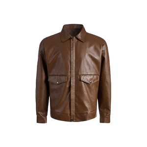 Men's Brown Genuine <b>Leather</b> <b>Jacket</b> Turn-down Collar Button Closure Workwear Style Regular Length Autumn Wear Solid Color - Product Image 4
