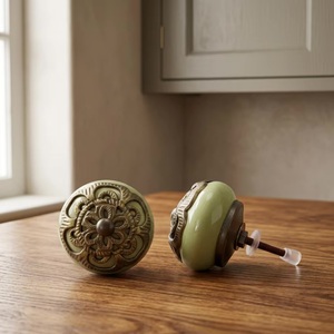 Ba <b>Ceramic</b> Round <b>Knob</b> Green Antique Brass Filigree Flower Design Traditional Drawer Cabinet Handle for Home Office - Product Image 1