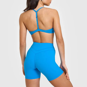 Women Solid <b>Blue</b> High Waist Sports <b>Bra</b> Set Adjustable Strap V-Neck Quick Dry Eco-Friendly Breathable Gymnastics Clothing Regular - Product Image 3