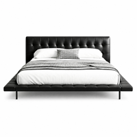 Lit plateforme moderne de luxe en cuir Nappa noir, tête de lit capitonnée, mousse à haute résilience, support à lattes en acier pour chambre à coucher