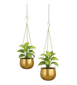 Pots à fleurs suspendus modernes en or avec chaîne pour plantes d'intérieur, design minimaliste, jardinières en métal de forme circulaire - Product Image 1