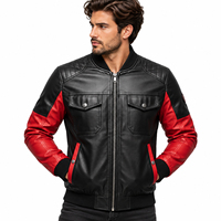 Blouson aviateur en cuir véritable pour homme, noir et rouge, style motard, respirant, écologique, poches zippées, coupe-vent, automne