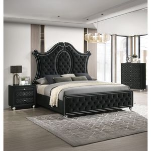 Commode traditionnelle Glam à 5 tiroirs en velours noir capitonné avec poignées en fausses pierres précieuses 1 pièce - Product Image 4