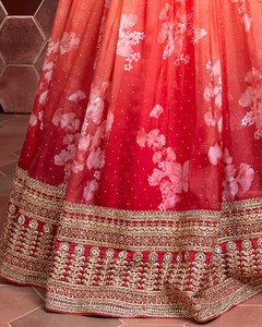 <b>Red</b> Embroidered A-Line <b>Crop</b> <b>Top</b> with Scalloped Neckline Organza Dupatta Pleated Skirt for Bridesmaid Wear - Product Image 3