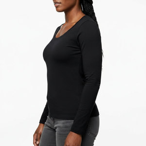 Women's Scoop Neck Long Sleeve T-<b>Shirt</b> Slim Fit Soft Cotton Stretch Plain Basic Top Custom OEM Wholesale Service - Product Image 3