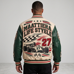 <b>Men</b> <b>Cream</b> Letterman <b>Jacket</b> Green Leather Sleeves Racing Car Graphic Embroidered Design Snap Front Ribbed Streetwear - Product Image 1