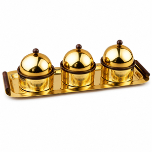 Bol en acier inoxydable de luxe avec couvercle en bois et plateau, ensemble de service et de décoration géométrique gravé, récipient pour fruits secs - Product Image 6